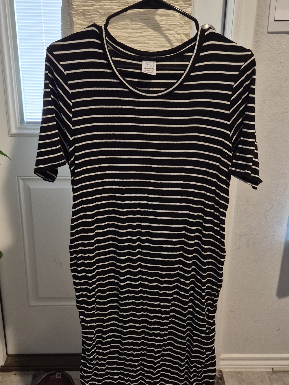 Time and Tru Black and White Striped Short Sleeve Maternity Midi Dress